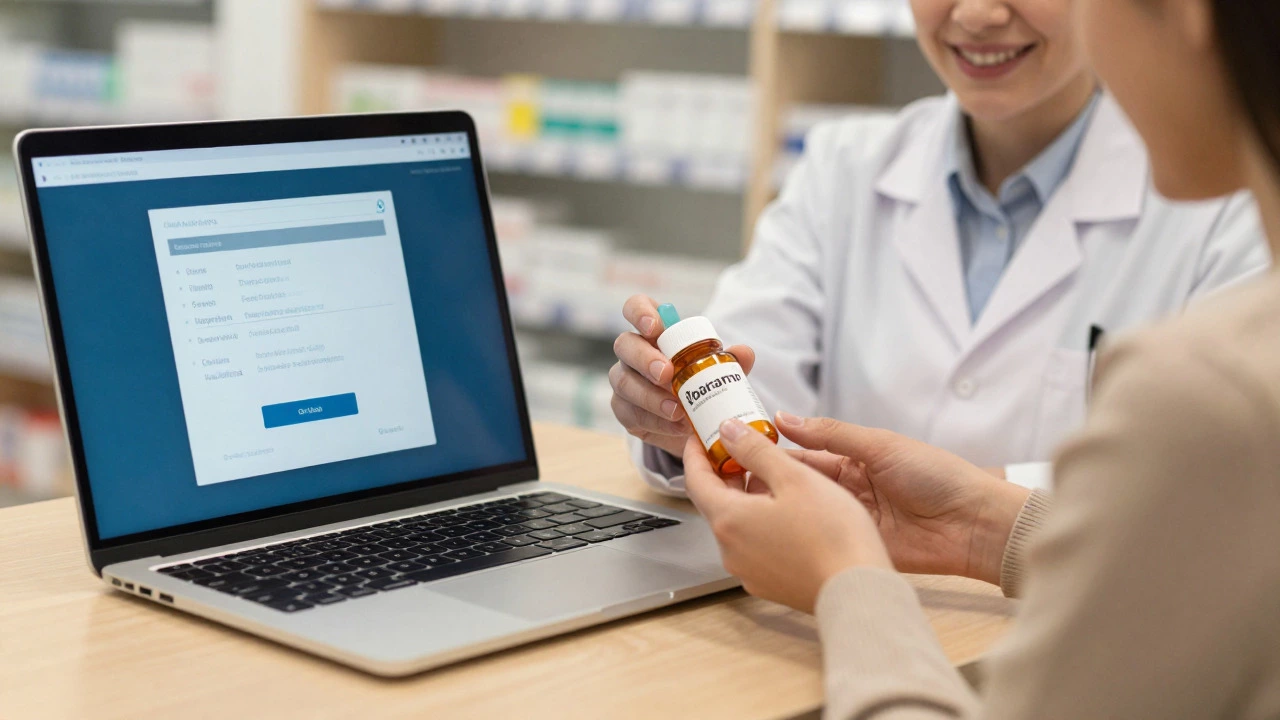 Split image contrasting online ordering with personal pharmacist interaction