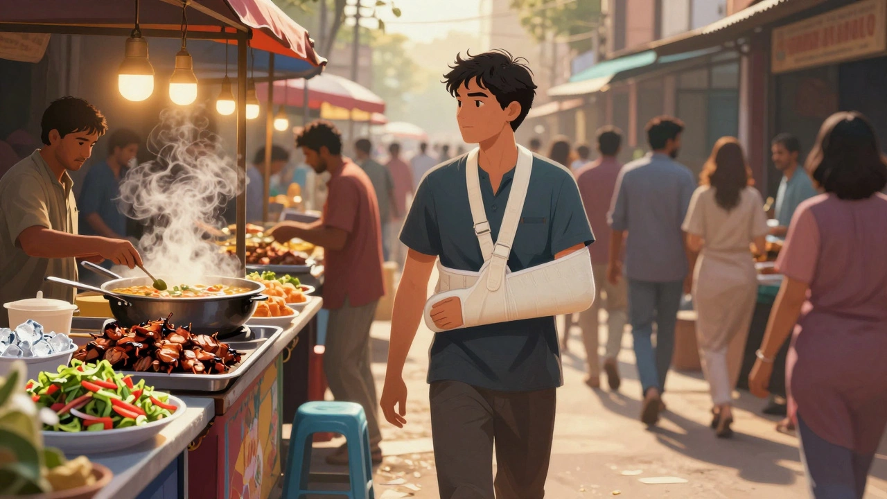 Traveler choosing cooked street food while recovering in India