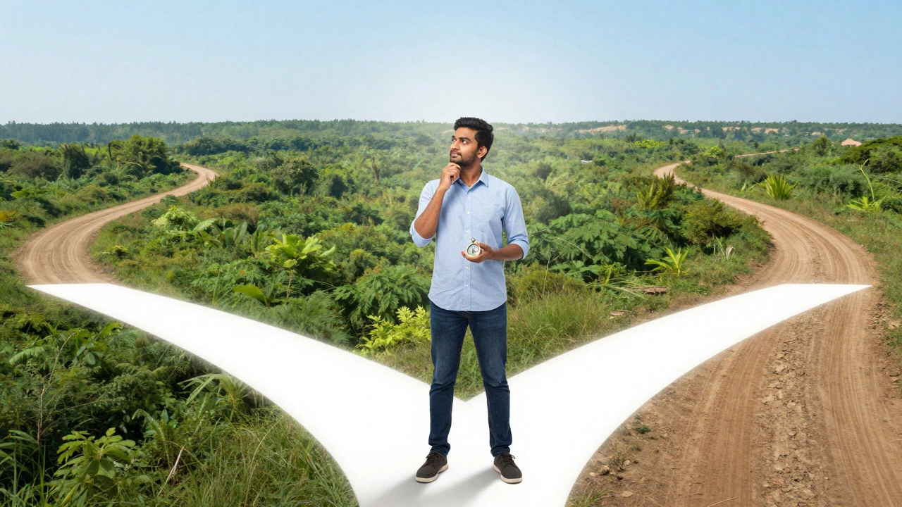 A man standing at a crossroads of light paths, choosing between two directions.