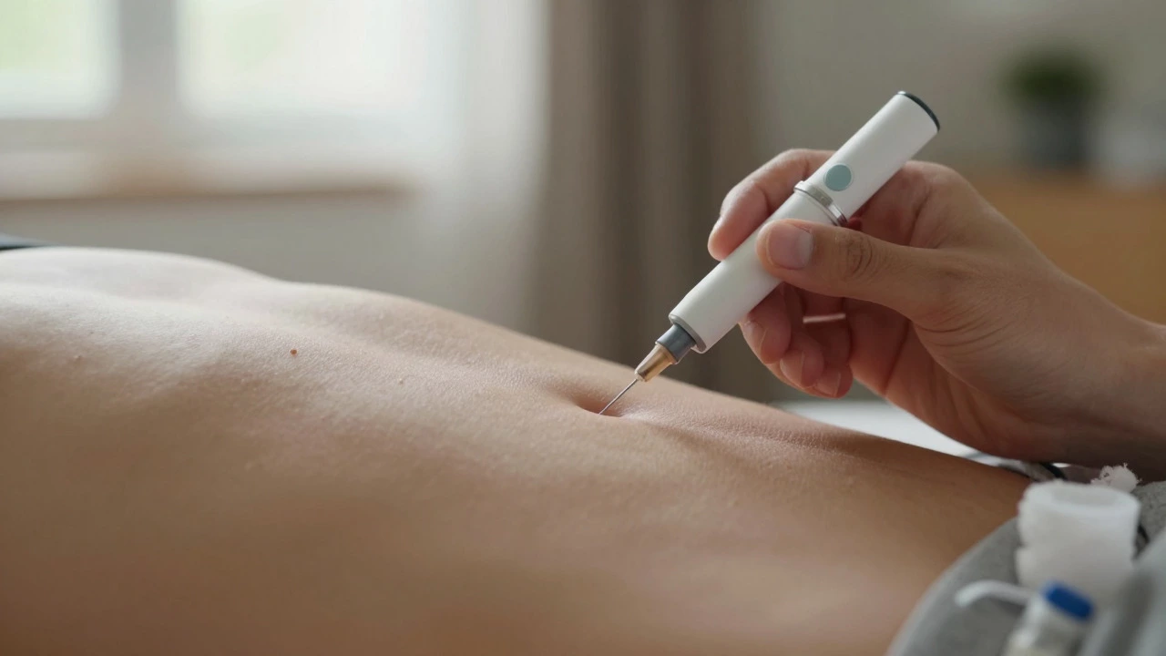 Close-up of a person administering a subcutaneous injection with a pen device