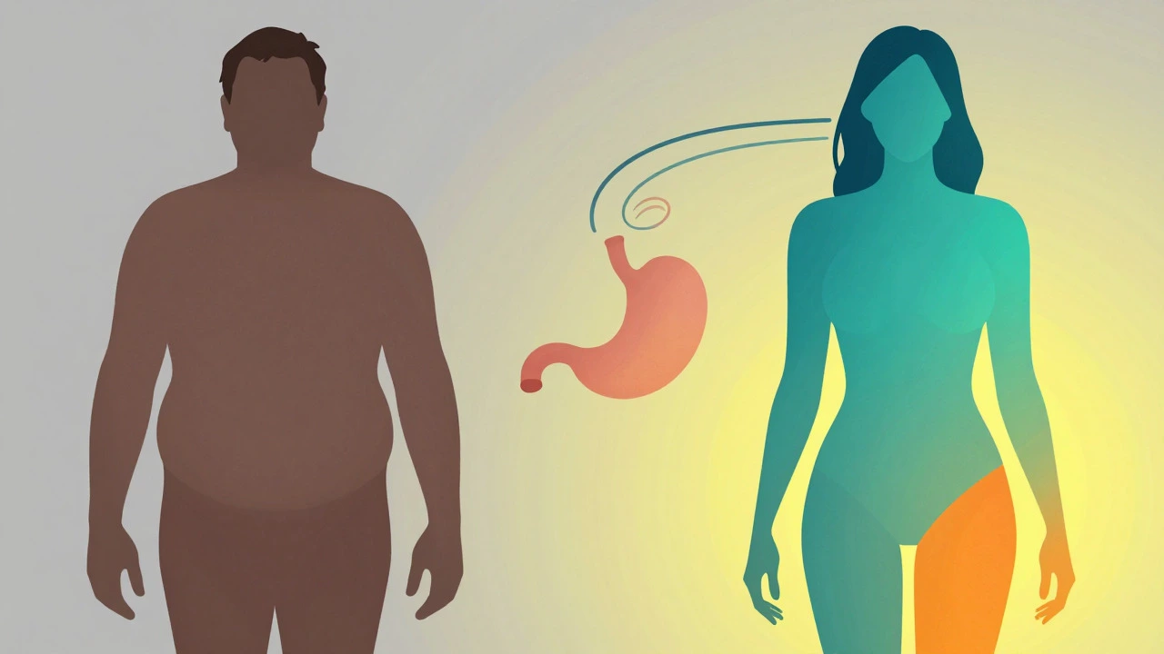 Conceptual art comparing body shapes to illustrate weight loss differences