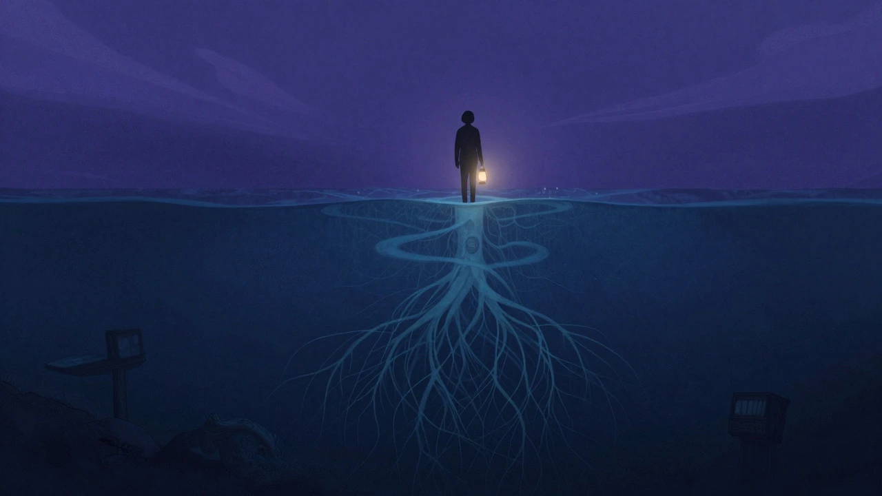 Conceptual art showing a person exploring deep underwater roots with a lantern.