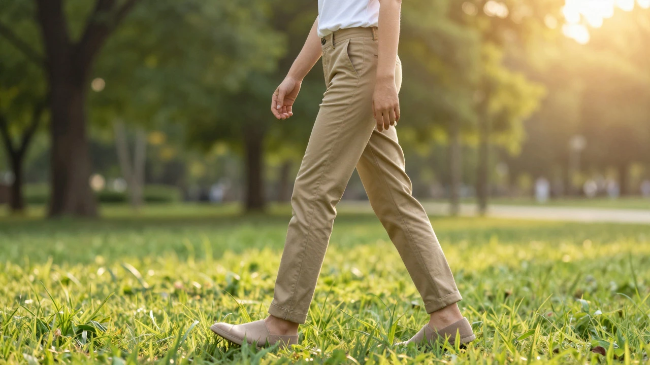 Confident person walking in casual pants during golden hour