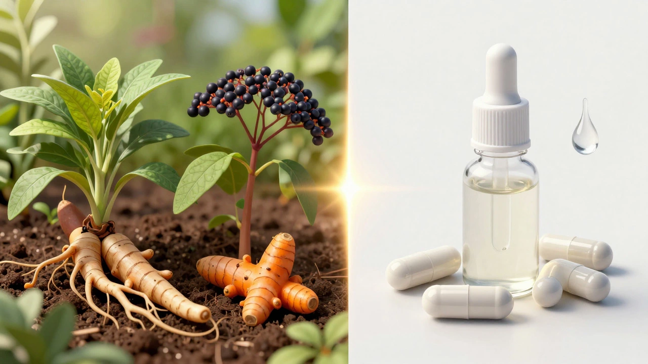 Fresh herbs transforming into pure supplement capsules