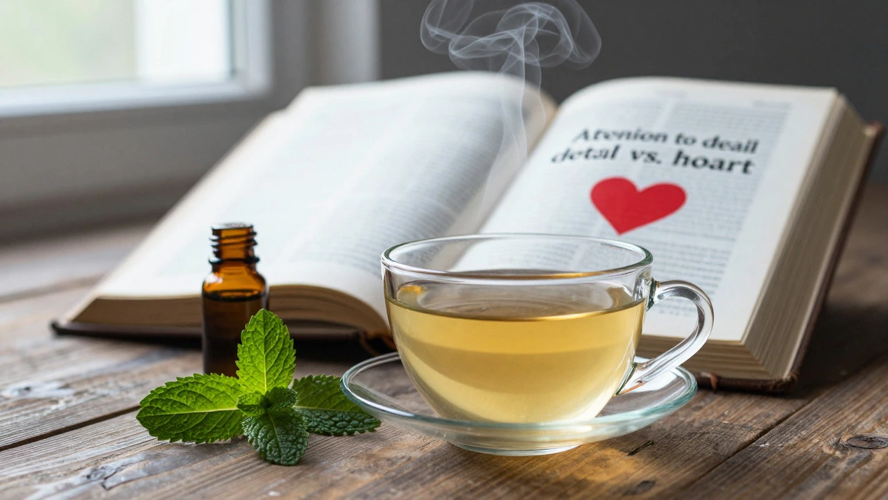 Glass of mint tea and peppermint oil beside an open book