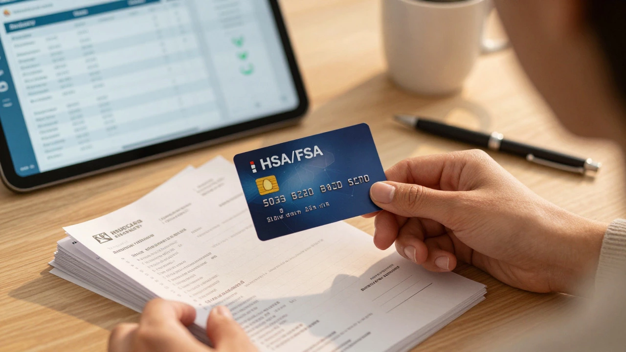 Hand holding HSA card over medical bills and tablet