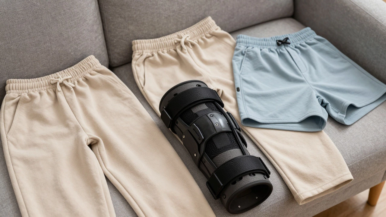 Loose sweatpants and adaptive clothing next to a knee brace