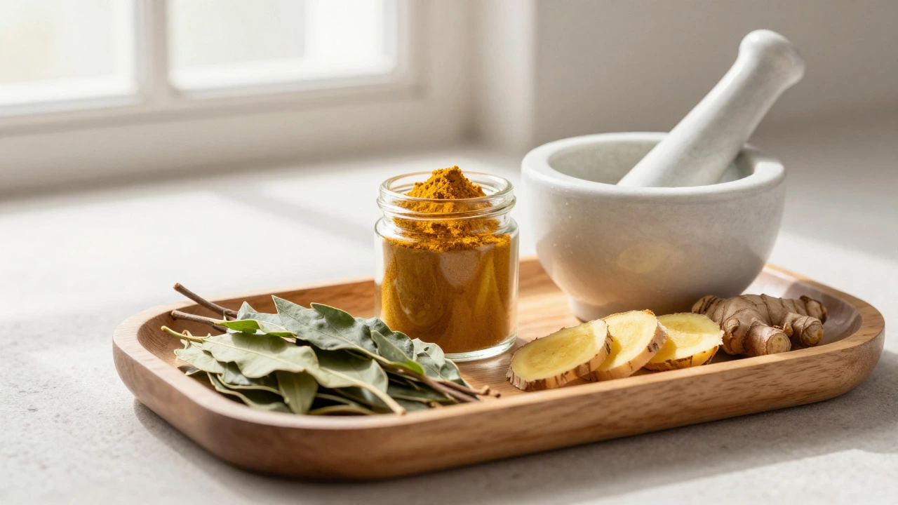Traditional Indian herbs and spices on a wooden tray