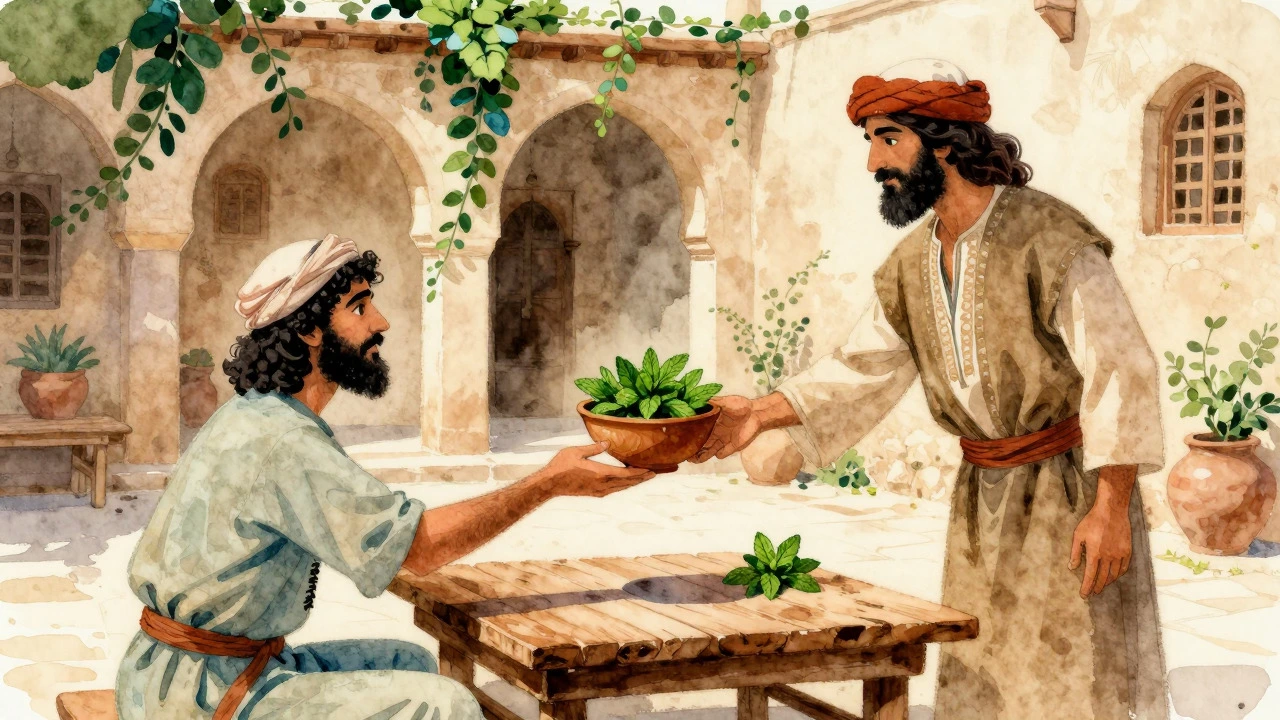 Watercolor illustration of an ancient host offering mint to a guest