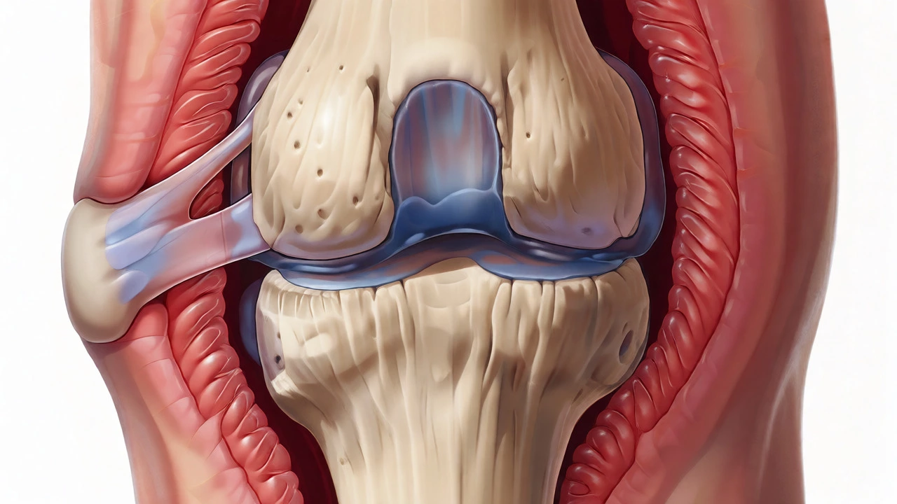 Anatomical cross-section of knee with bone-on-bone arthritis and inflammation