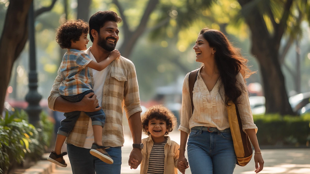 Happy family walking together in sunny park