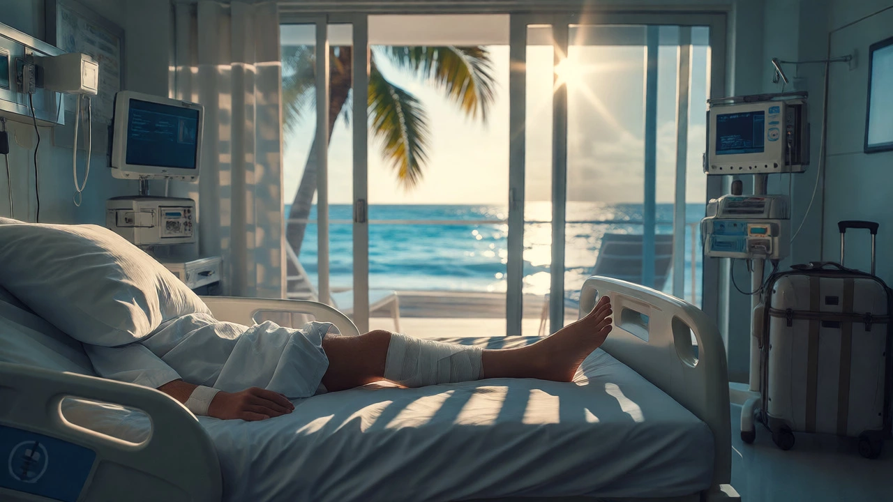 Patient recovering in a hotel-like room with a beach view and medical gear