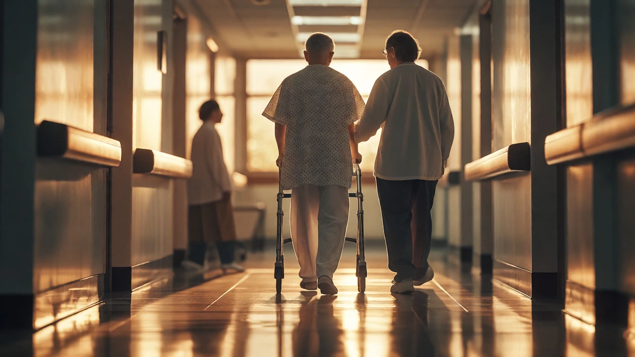 Patient walking with a walker in a sunlit hospital corridor during recovery