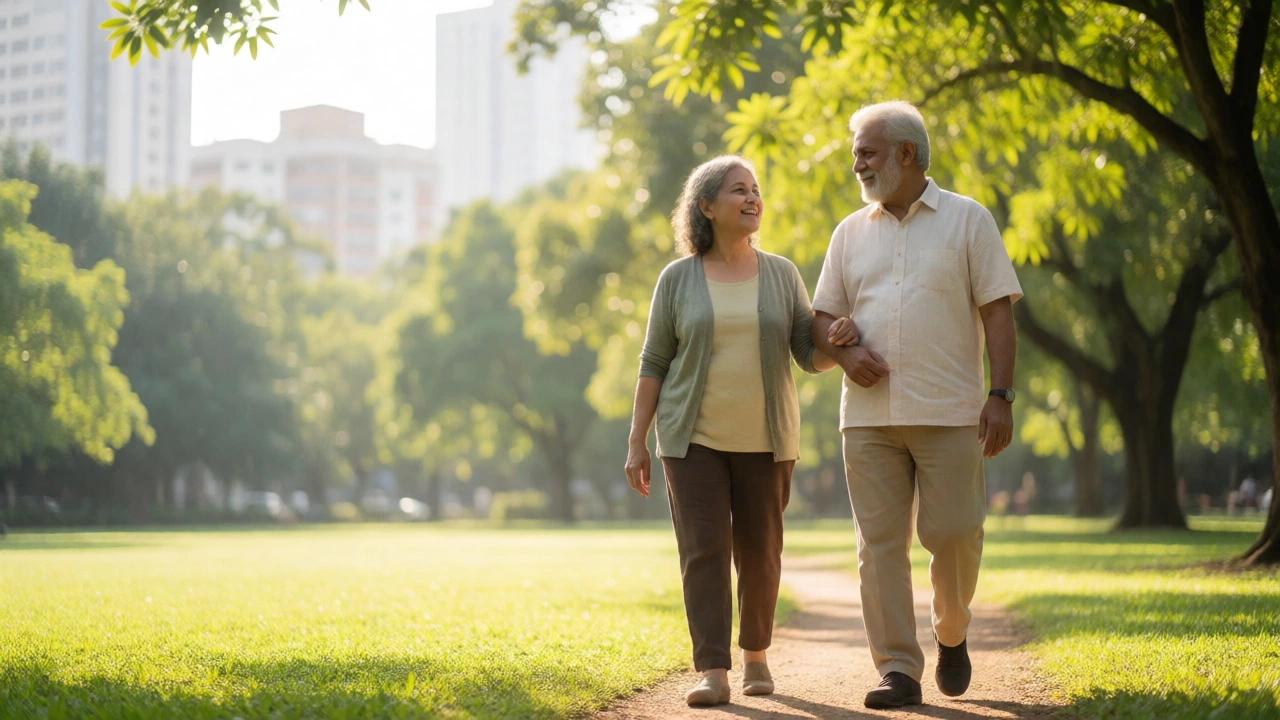 Senior couple walking peacefully in a sunny urban park