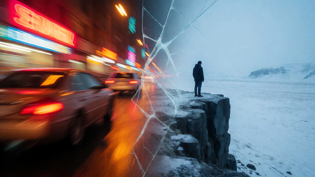 Split image contrasting chaotic, colorful motion on one side with a cold, isolated figure on the other, representing bipolar volatility.