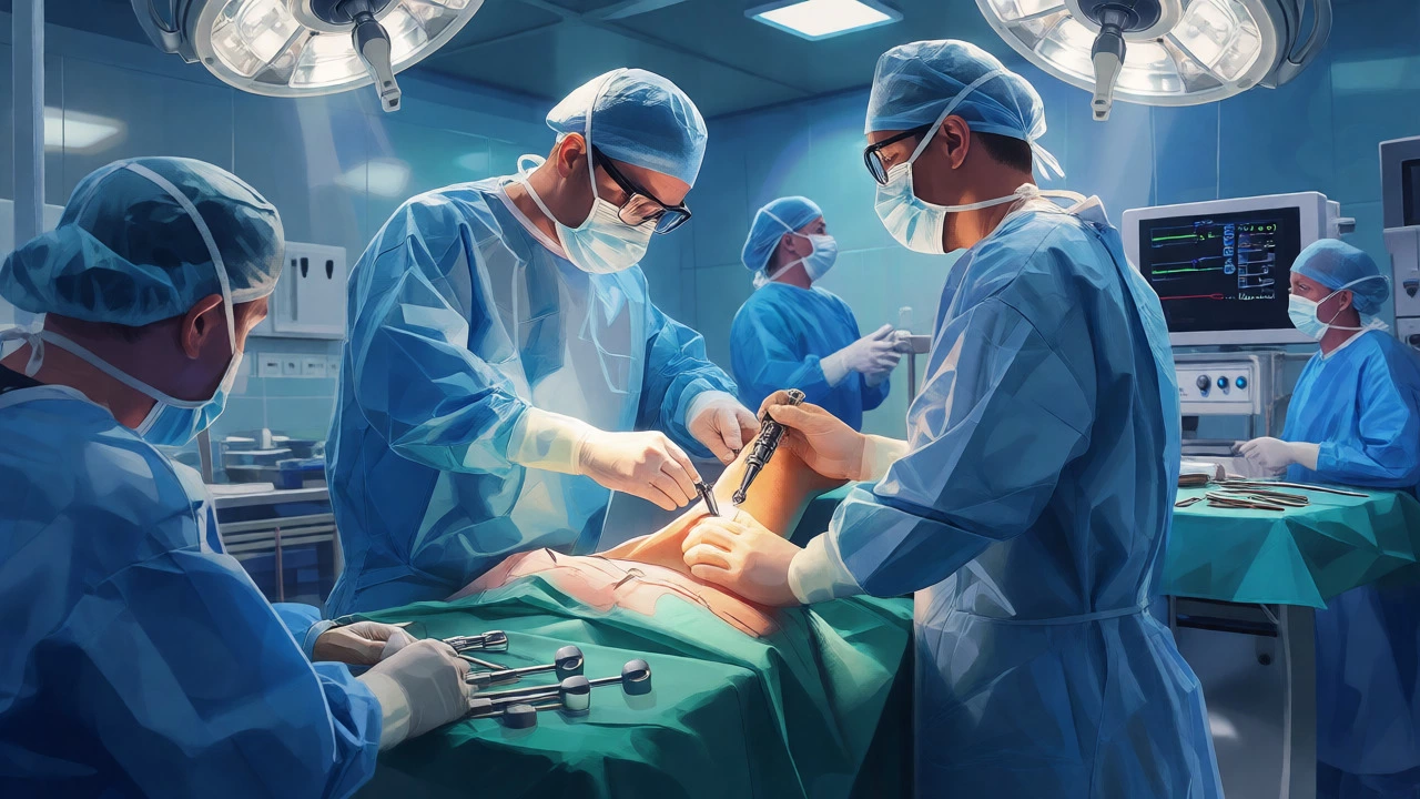 Surgeons performing a precise knee replacement operation in an OR