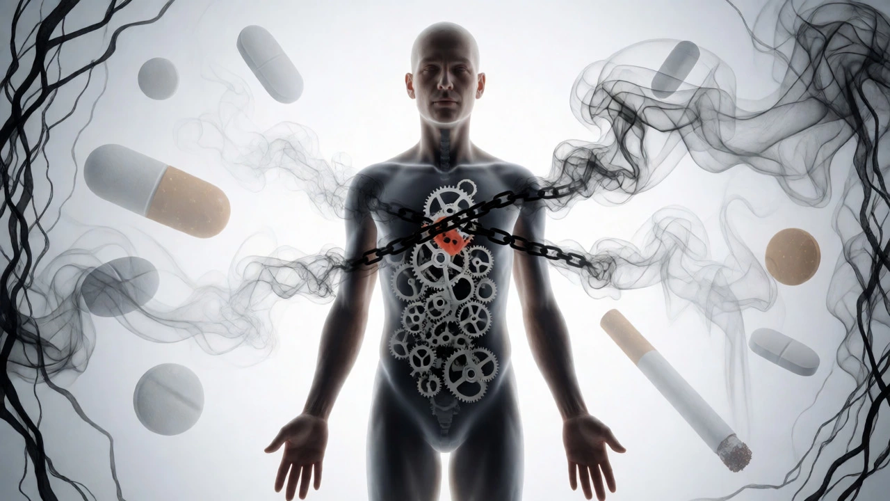 Surreal conceptual art showing a human figure with mechanical gears and dark fluids inside, symbolizing schizophrenia's physical toll.