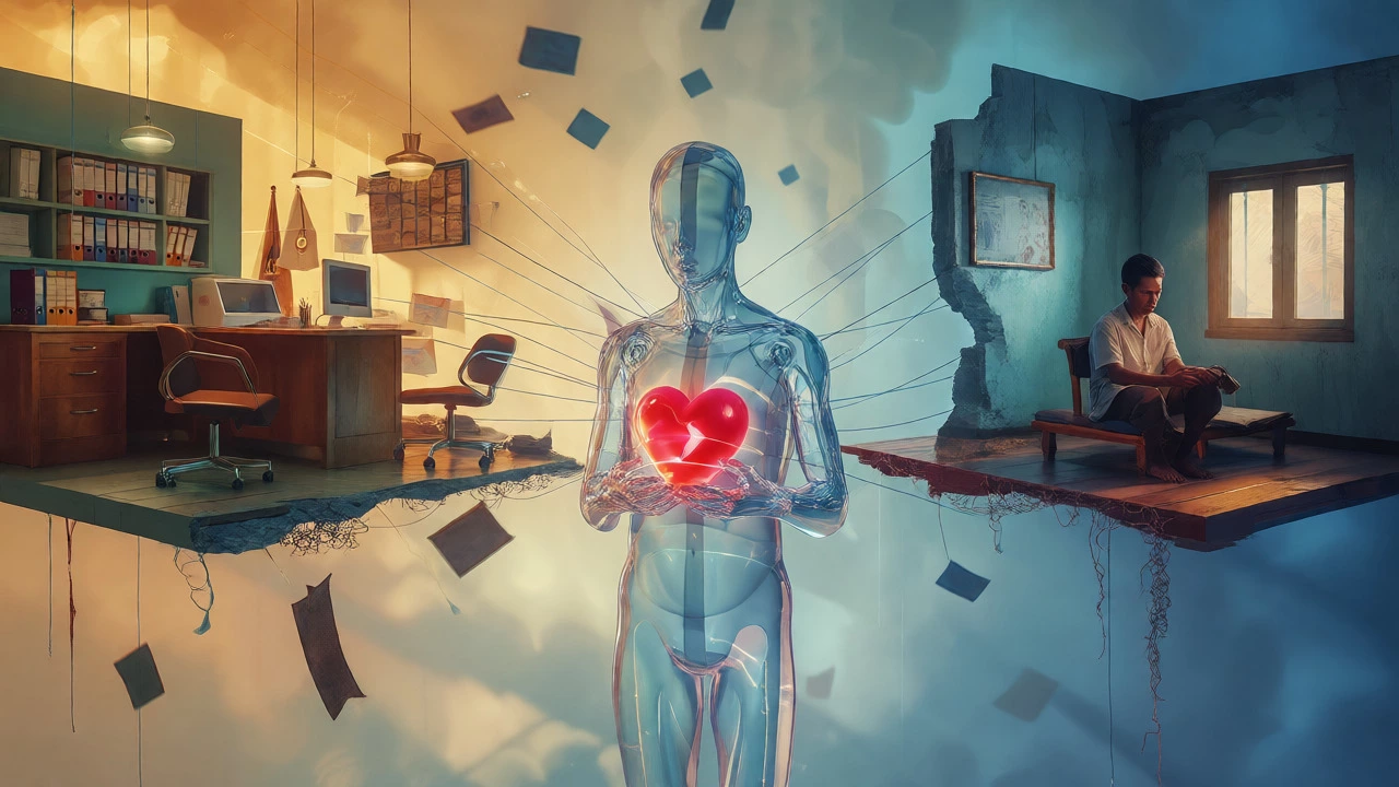 Surreal image showing a person connected to fragmented healthcare systems