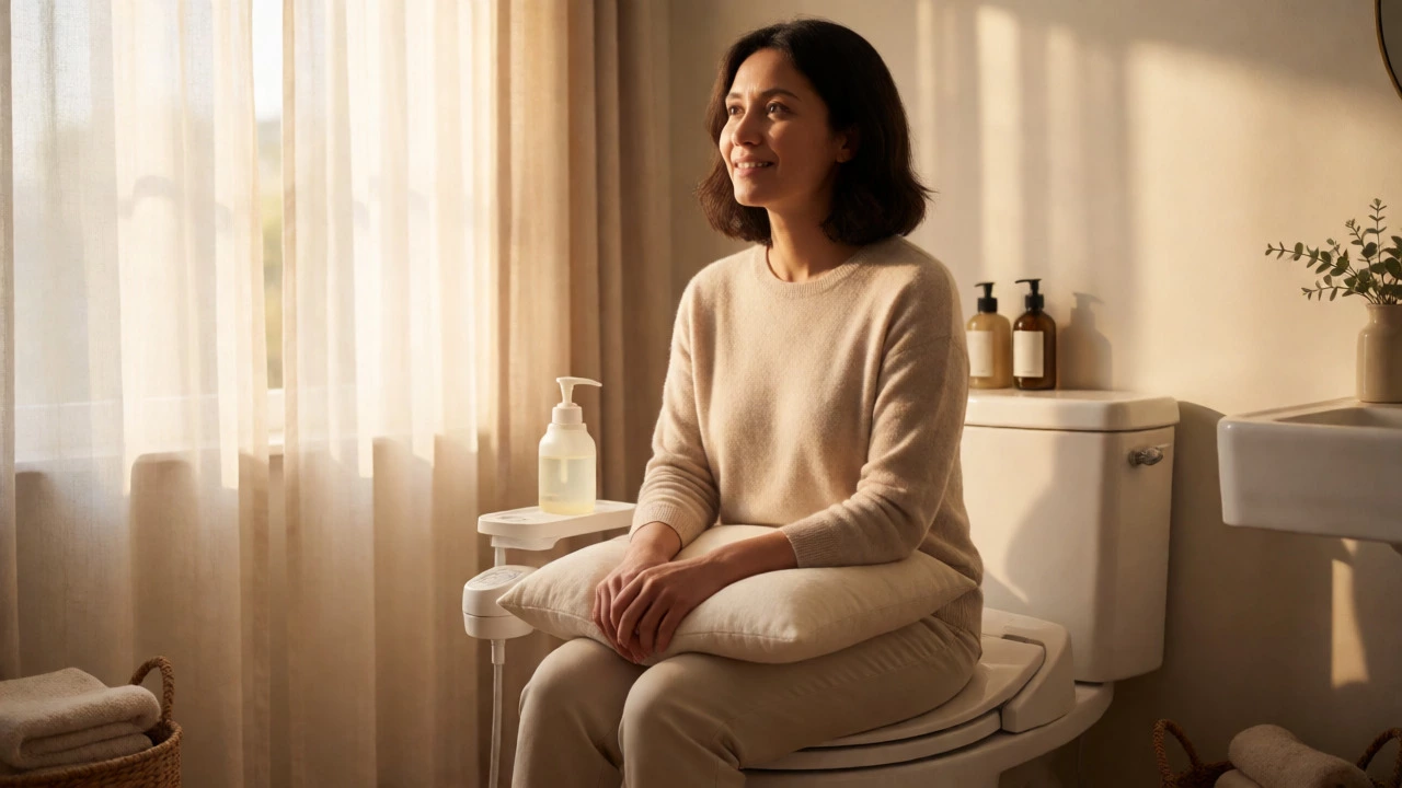 Woman recovering at home with bidet and knee support
