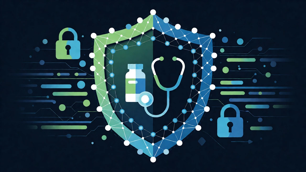 Abstract digital shield protecting medicine and health data symbols