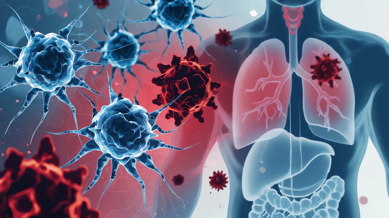 Conceptual art of immune T-cells attacking cancer cells, representing immunotherapy and CAR-T treatment.