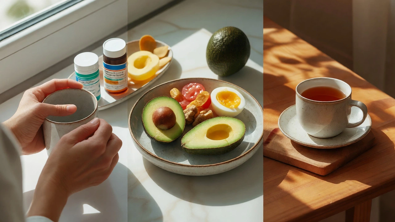 Hands organizing vitamins into morning, lunch, and evening portions with food.