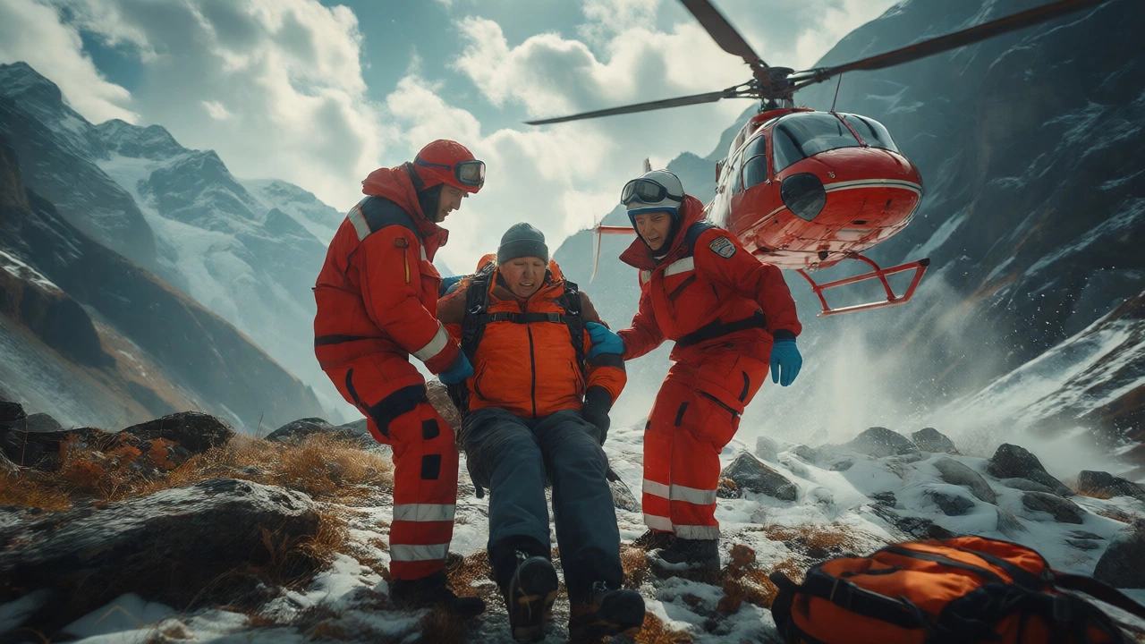 Helicopter evacuation of injured tourist in mountains