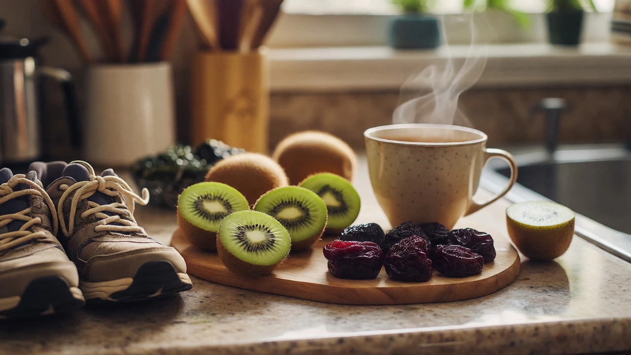 Kiwi, prunes, and herbal tea on a kitchen counter