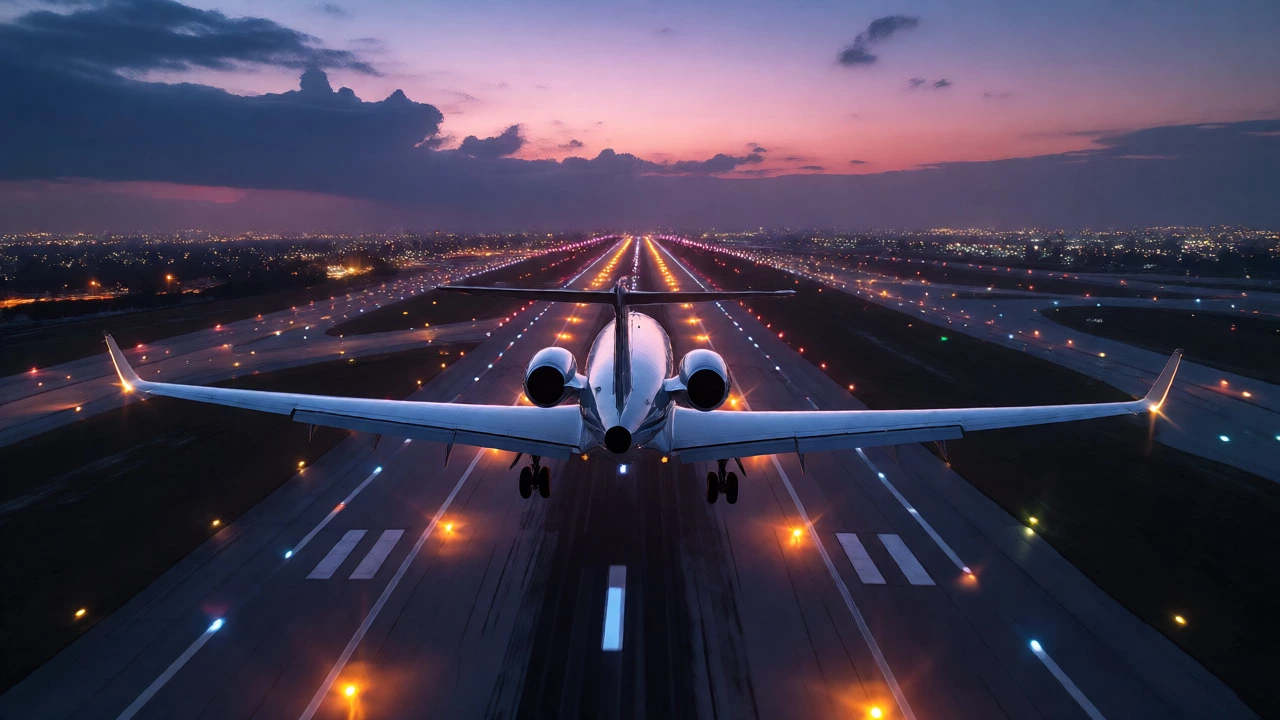 Medical evacuation jet taking off at dusk