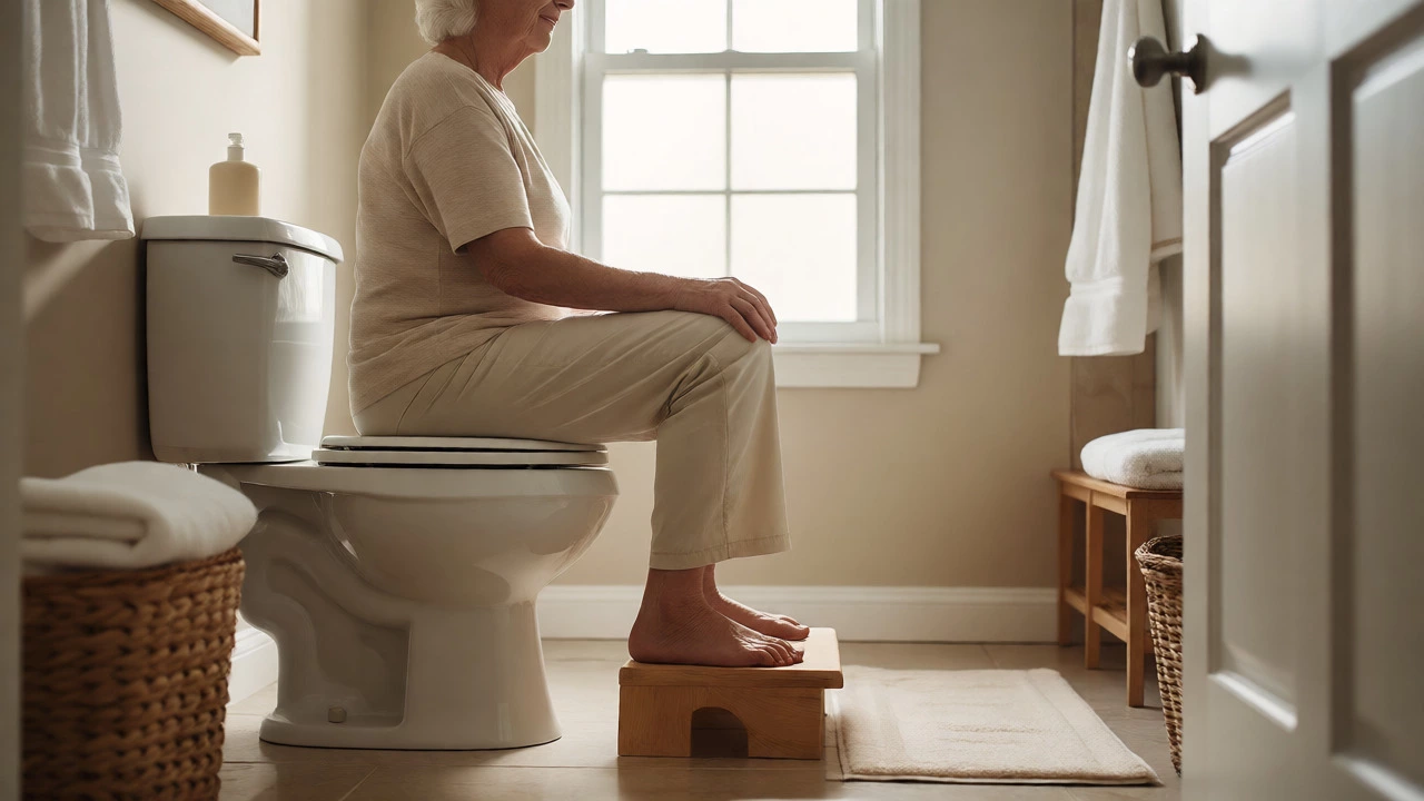 Person using a footstool on the toilet to aid bowel movements
