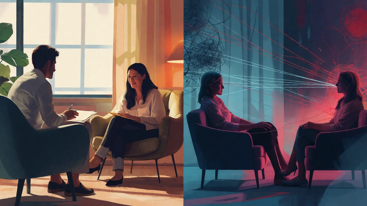 Split view comparing counseling and therapy approaches