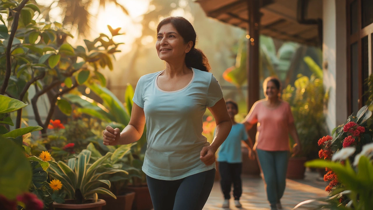 Woman exercising in an Indian garden, illustrating healthy lifestyle habits for cancer survivorship.